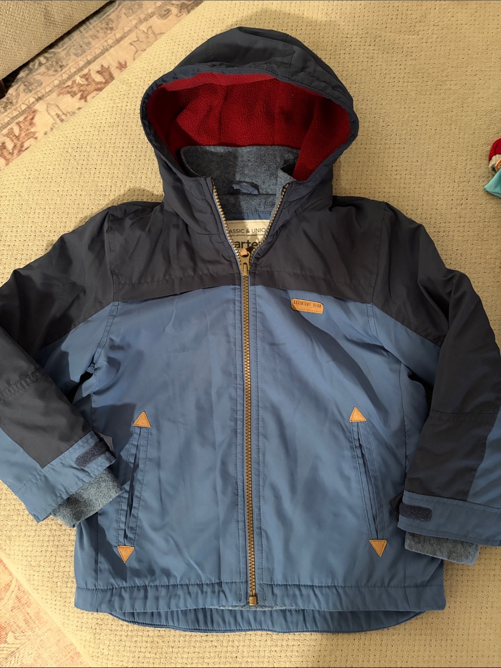 Carter's Blue Hooded Jacket with Red Lining, zipper, fleece lined Size 5/6